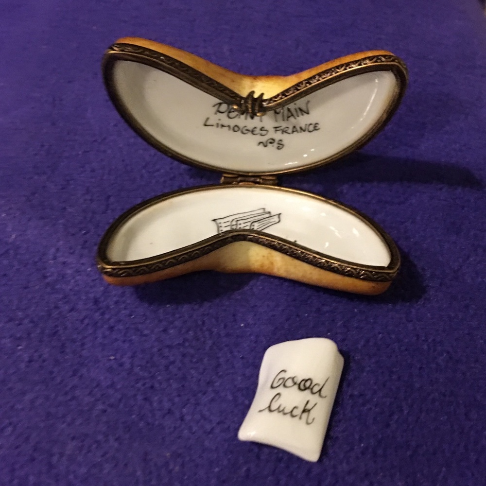 Limoges Fortune Cookie Trinket Box Peint Main means hand-painted and initialed